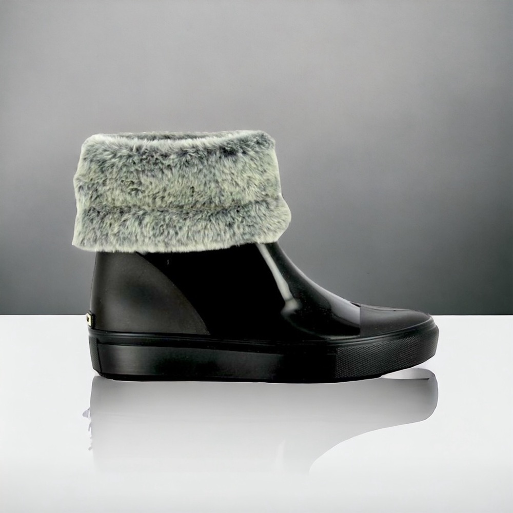 Lemon Jelly Irena Black Rubber Fur Trim Ankle Boots Size 37/5.5